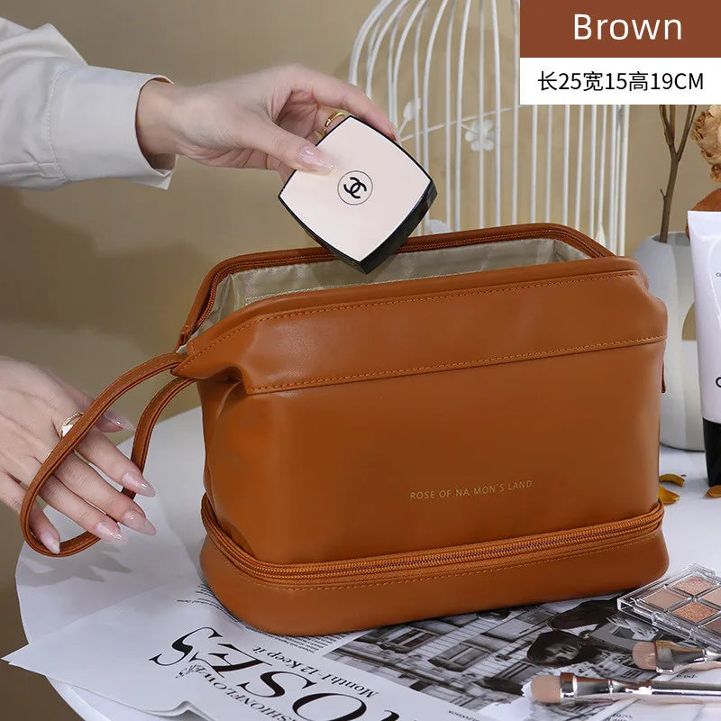 Brown PU leather travel makeup bag by Clarify.pk with wrist strap and spacious compartments