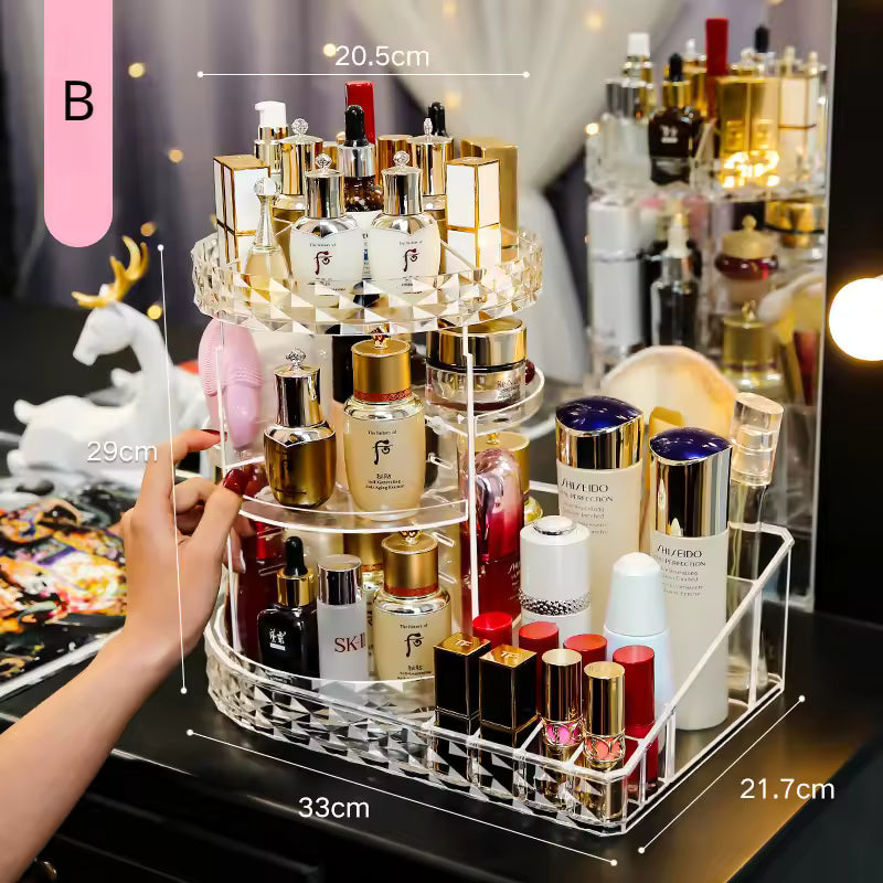 Clarify.pk rotating cosmetic storage box with clear acrylic design holding skincare and makeup products