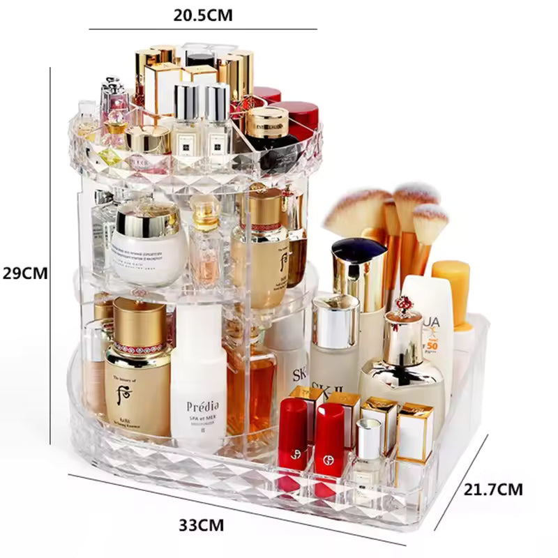 Clarify.pk rotating cosmetic storage box clear acrylic makeup organizer with multiple compartments and brushes