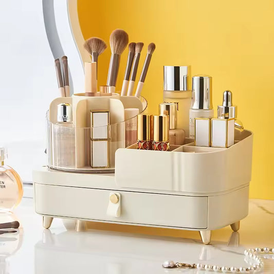 Clarify.pk beige jewelry and makeup organizer box with multiple compartments holding brushes and cosmetics