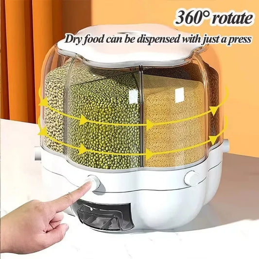 Clarify.pk rotating rice dispenser with 360-degree rotation and easy press dispensing for dry food storage