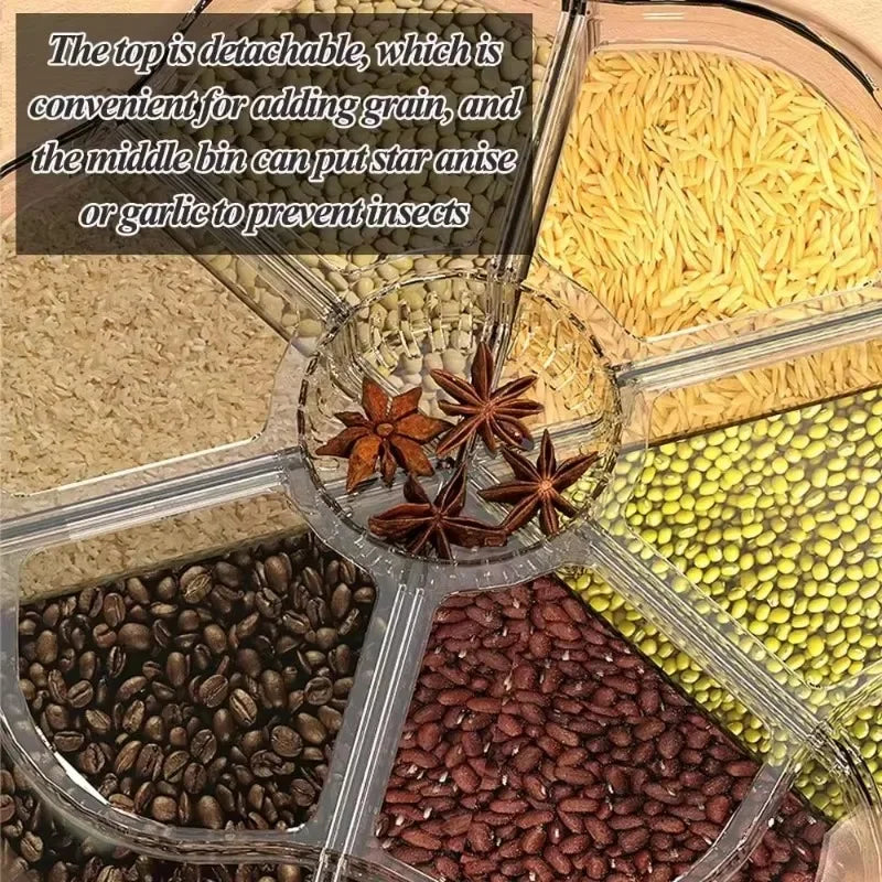 Clarify.pk rotating rice dispenser with multiple compartments for storing grains and spices like star anise and garlic