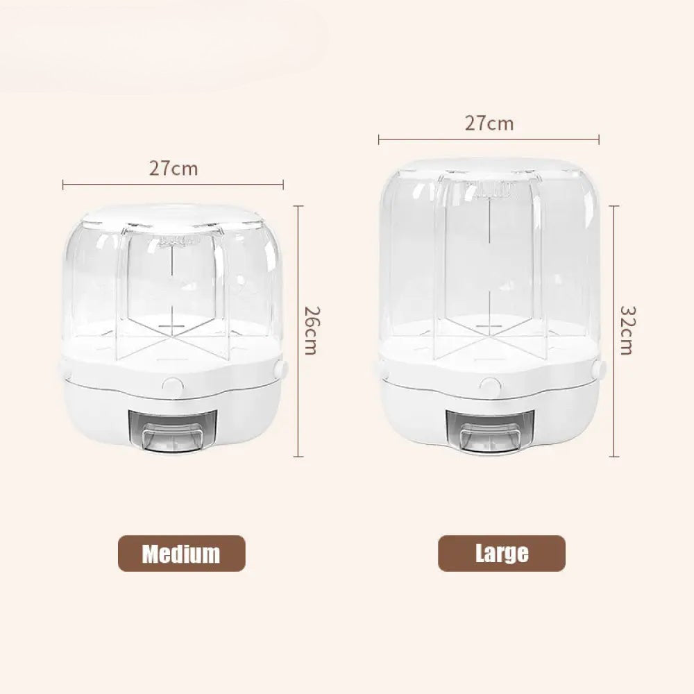 Clarify.pk rotating rice dispenser in medium and large sizes with clear container and white base