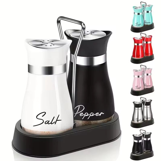 Clarify.pk salt and pepper shaker set with white and black containers on a black tray