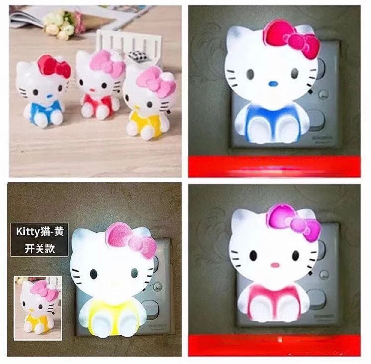 Hello Kitty night light in blue, pink, and yellow with bow details glowing in dark