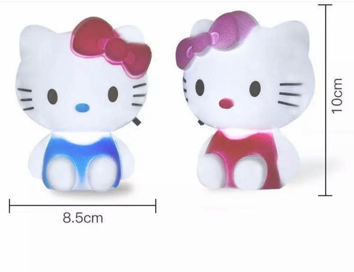 Hello Kitty night light with pink bows in two color variations, measuring 10cm tall and 8.5cm wide