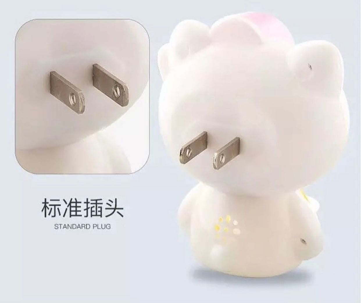 Hello Kitty night light with a standard plug showing two metal prongs for easy wall socket connection