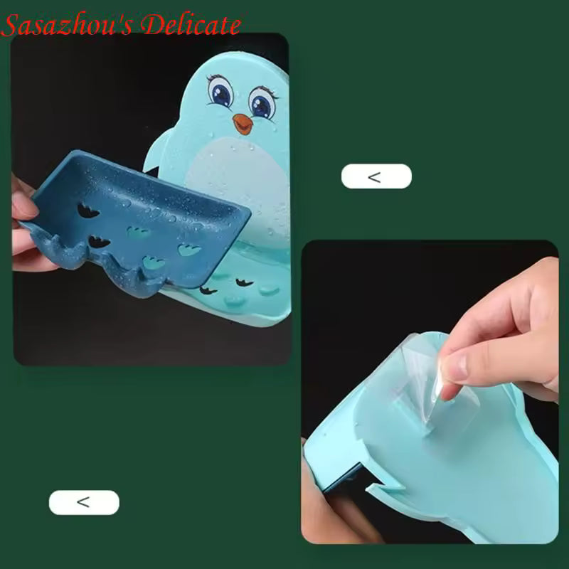 Blue penguin soap holder wall mount with suction cup for bathroom organization and soap drainage