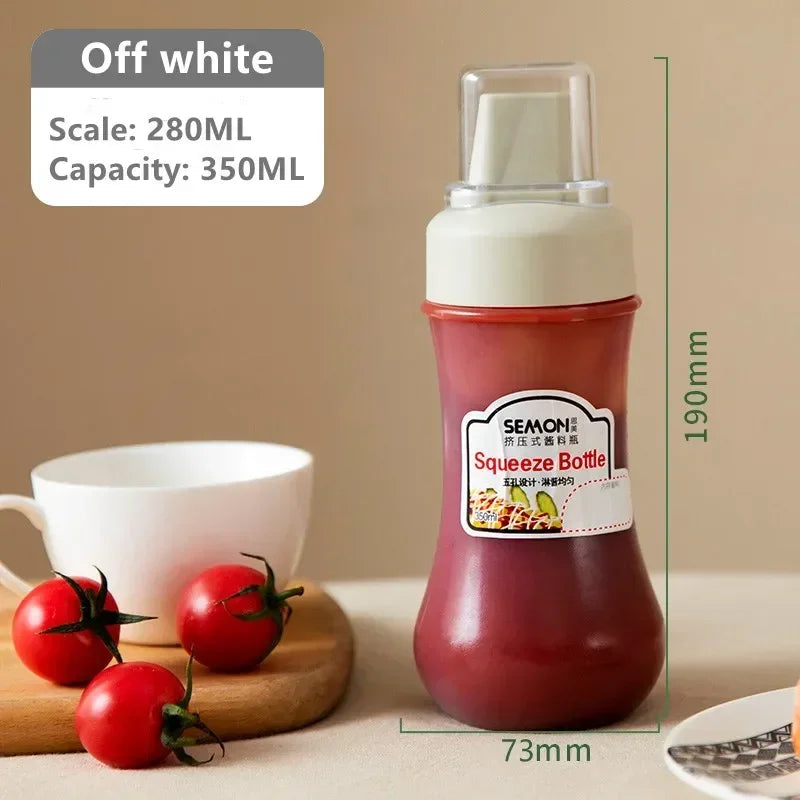 Clarify.pk 350ml sauce squeeze bottle in off white with clear cap and red contents