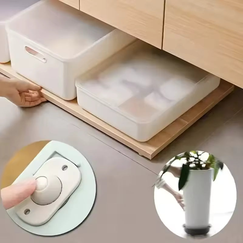 Self adhesive furniture wheels attached to wooden board for easy sliding of storage boxes under cabinet