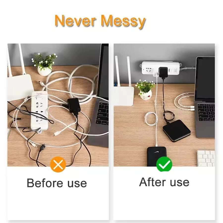 Before and after use comparison of a self adhesive wire holder organizing messy cables on a desk