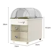 Plastic dustproof cosmetic storage case with transparent lid and two drawers by Clarify.pk