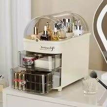 Clarify.pk dustproof cosmetic storage case with multiple compartments holding makeup bottles and accessories