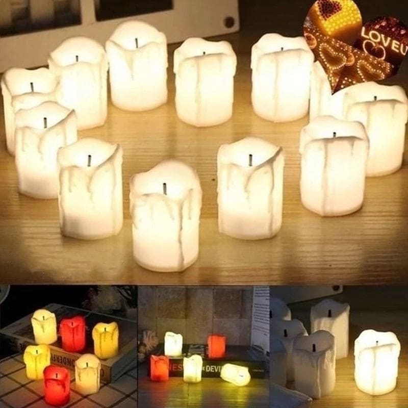 Set of 12 flameless tea lights with realistic candle design and soft warm glow for decoration