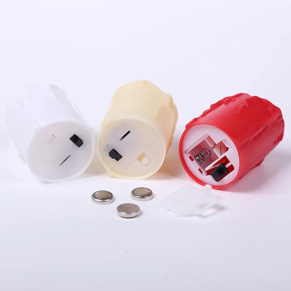 Battery operated set of 12 flameless tea lights in white, cream, and red with removable batteries
