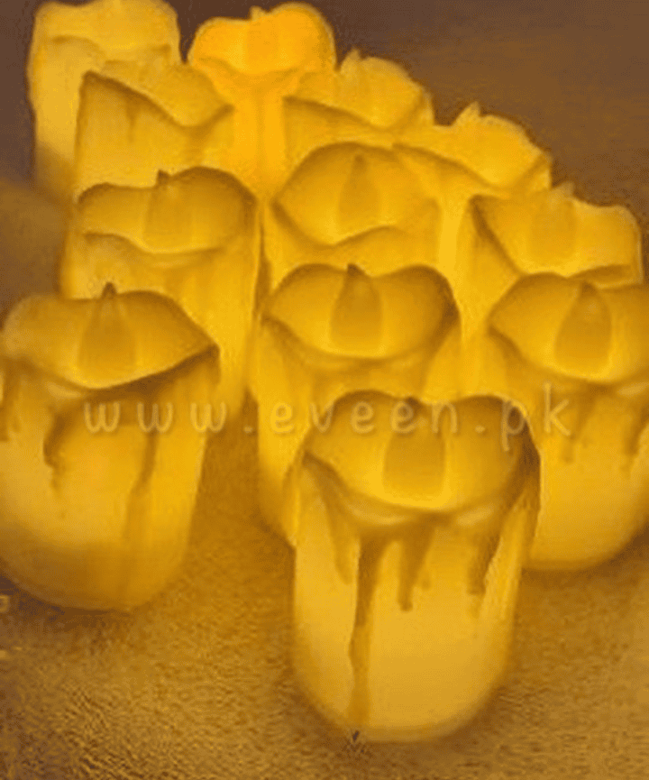Set of 12 flameless tea lights with realistic melted wax design and warm yellow glow