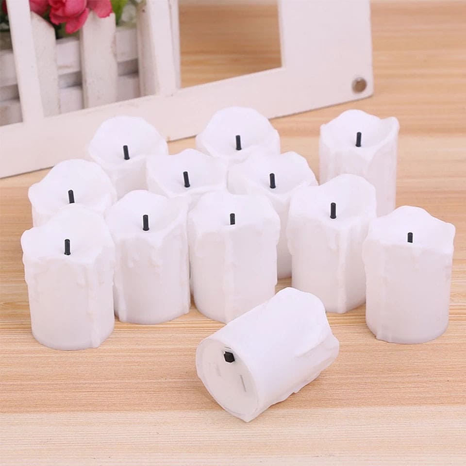 Set of 12 flameless tea lights white LED candles with realistic wax texture for safe home decor