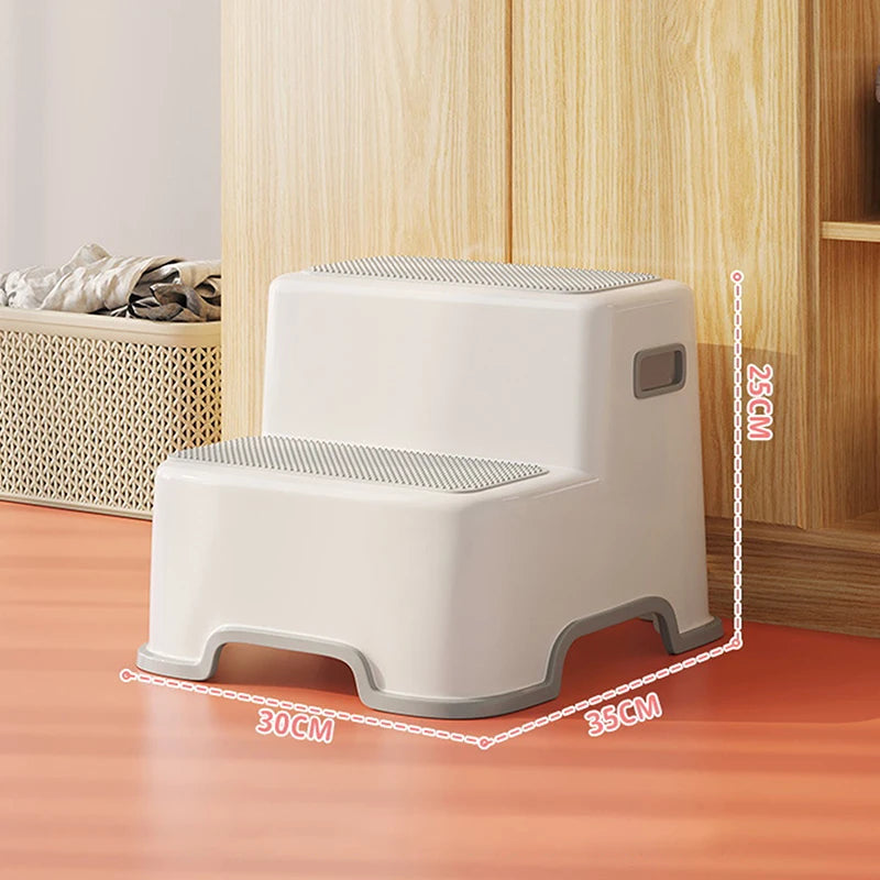 White two-step non-slip step stool for bathroom with gray edges and textured surface