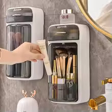 Wall mounted makeup organizer by Clarify.pk holding brushes and cosmetics in a bathroom setting