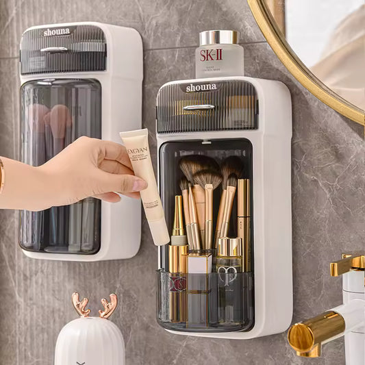 Clarify.pk wall mounted makeup organizer holding brushes and cosmetics with easy access design