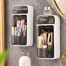 Wall mounted makeup organizer by Clarify.pk holding brushes and cosmetics neatly on a gray wall