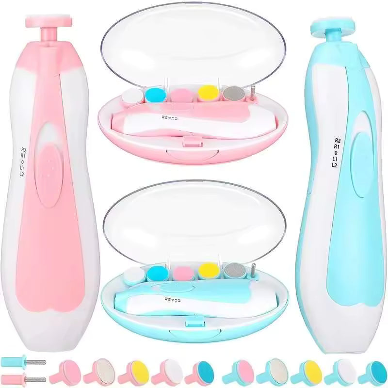 Clarify.pk electric baby nail trimmer set in pink and blue with multiple polishing heads and protective cases