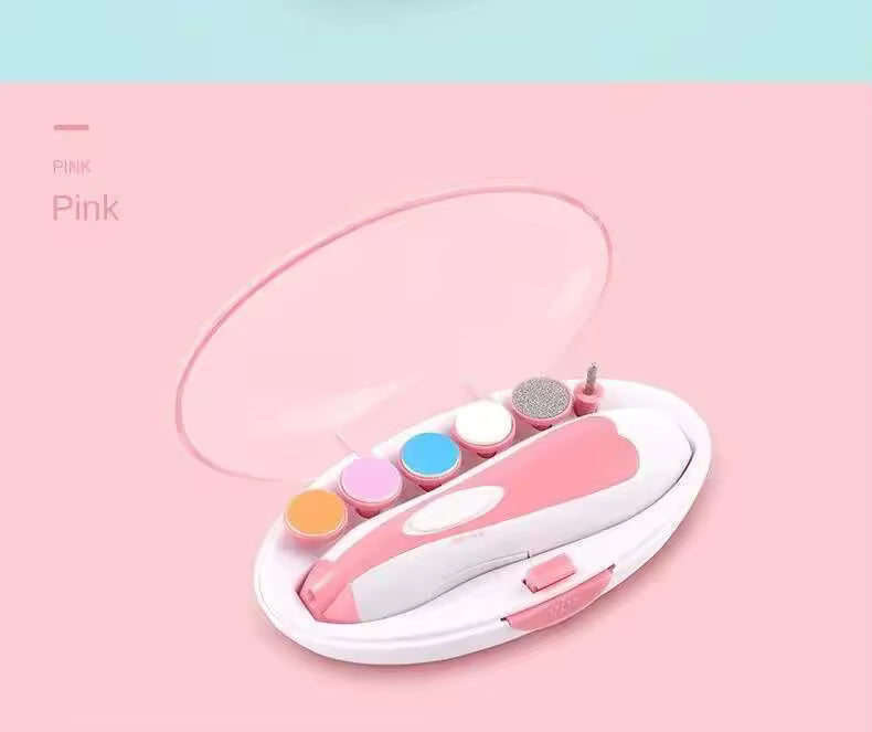 Clarify.pk pink electric baby nail trimmer set with multiple grooming heads in a white case