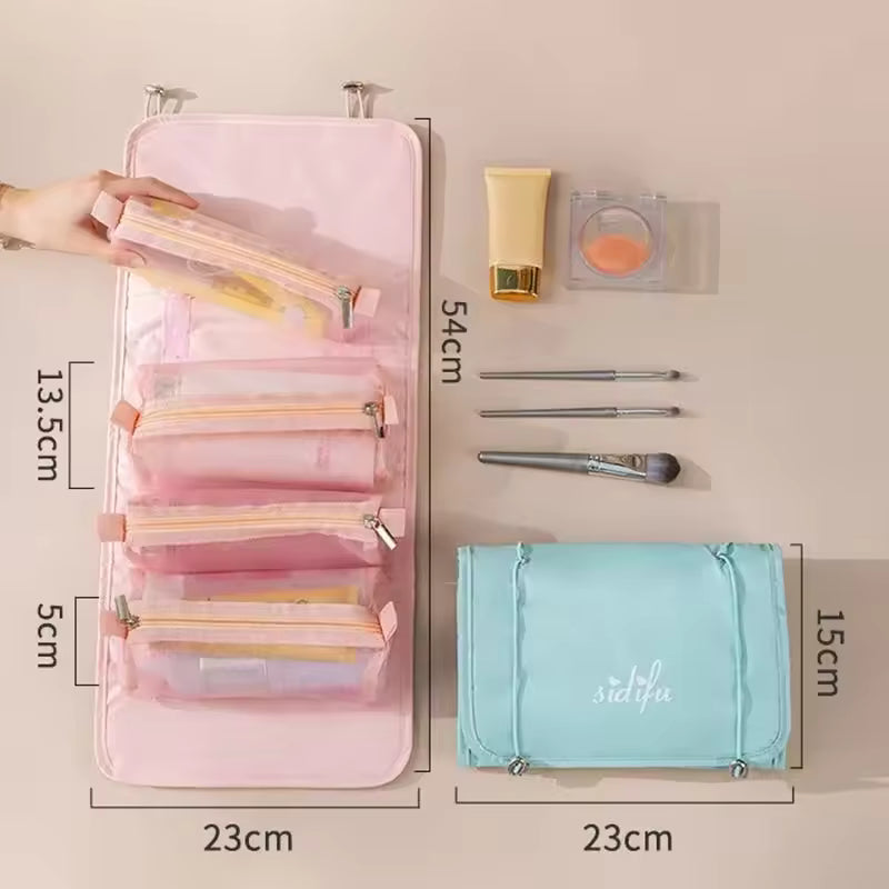Pink Clarify.pk detachable hangable toiletry bag with multiple compartments and light blue compact foldable design
