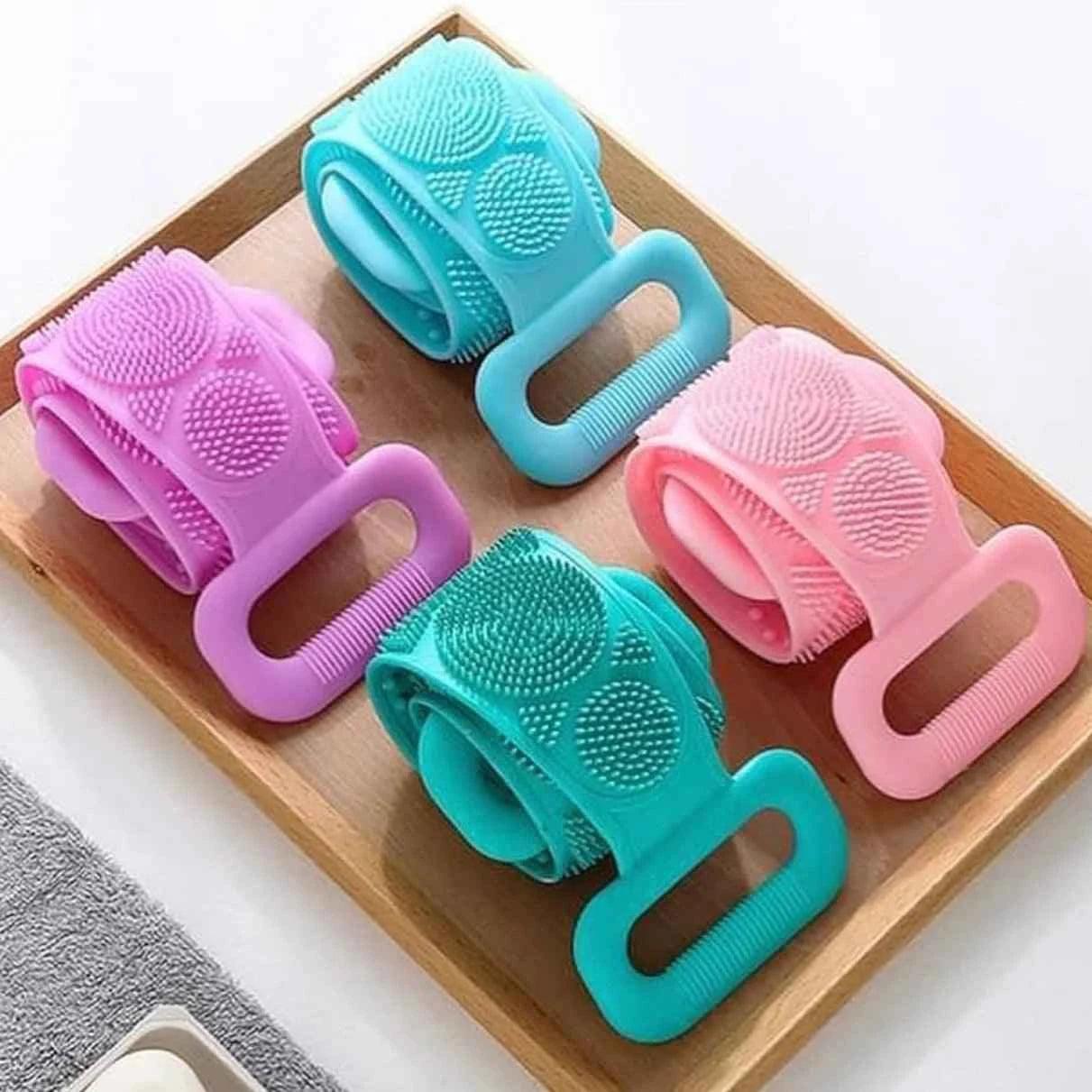 Colorful silicone body scrubber straps with textured bristles for exfoliating and cleaning skin