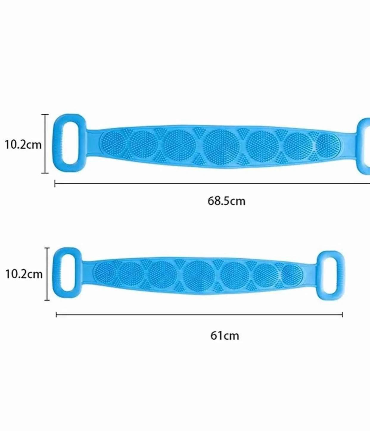 Blue silicone body scrubber with handles showing length and width dimensions for easy grip
