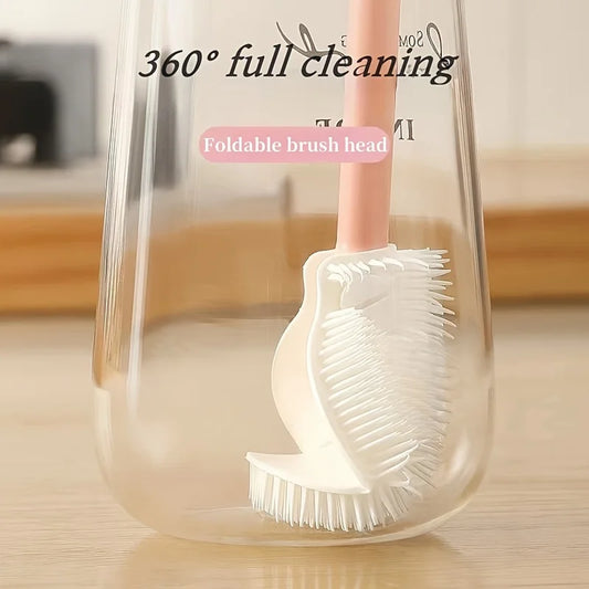Silicone bottle cleaning brush with foldable brush head for 360 degree full cleaning inside bottles
