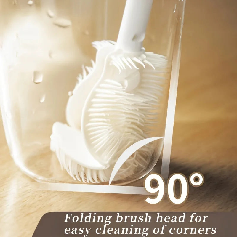 White silicone bottle cleaning brush with folding head designed for easy corner cleaning