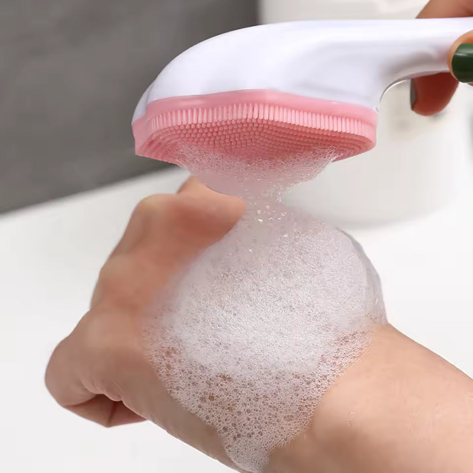 Clarify.pk white and pink silicone face cleaning brush creating foam on hand for gentle skincare