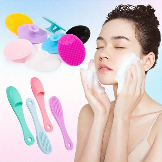Silicone facial brush cleaner set with various colors and a woman using foam to cleanse her face