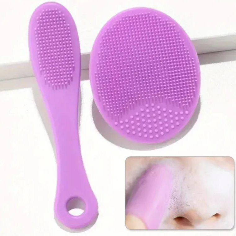 Purple silicone facial brush cleaner set with fine bristles for gentle skincare cleansing