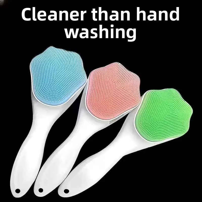 Three silicone facial cleansing brushes with white handles in blue pink and green colors