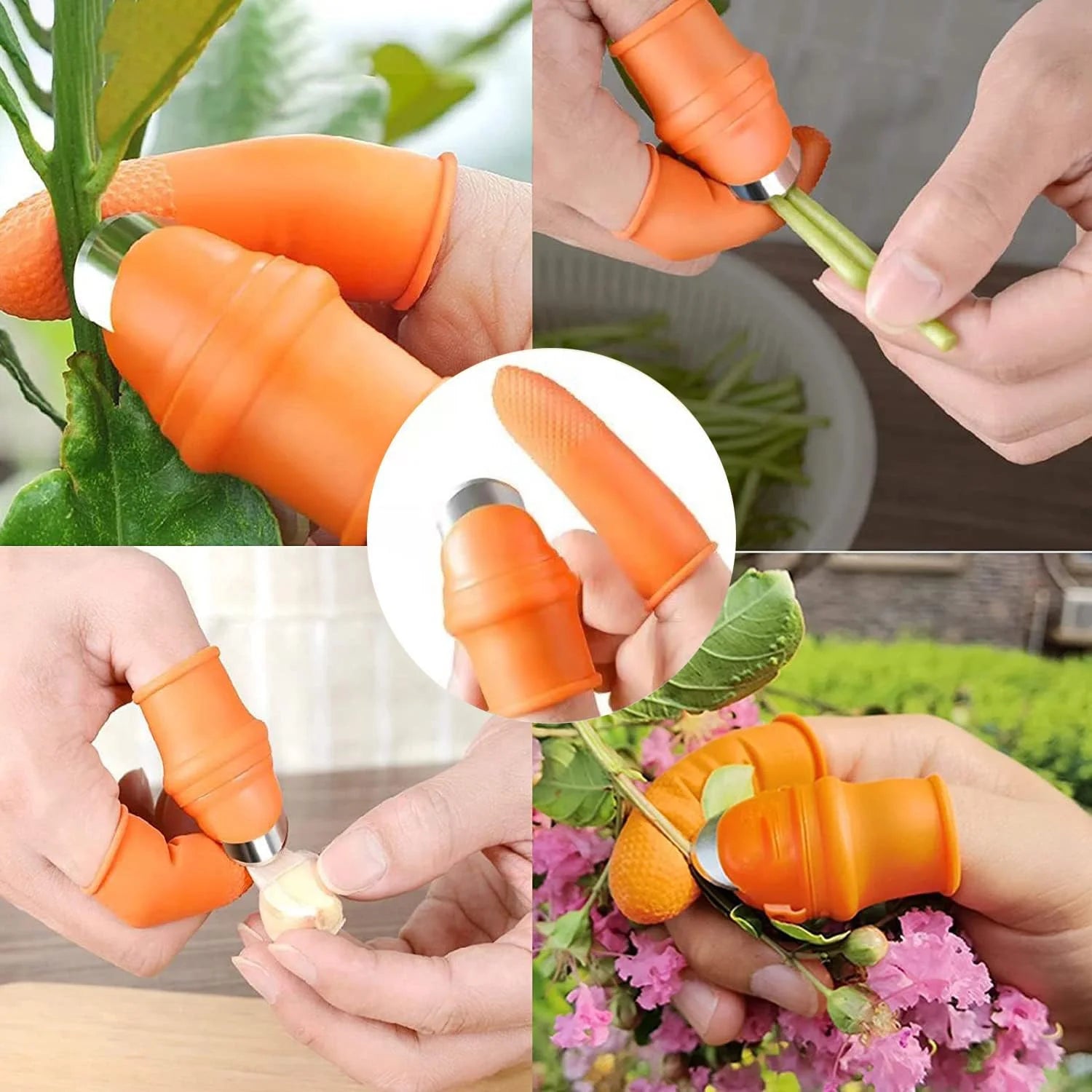 Orange silicone finger protector kitchen tool used for peeling garlic, cutting, and protecting fingers during food prep