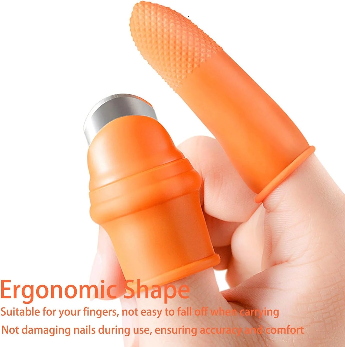Orange silicone finger protector kitchen tool worn on finger for safe cutting and protection