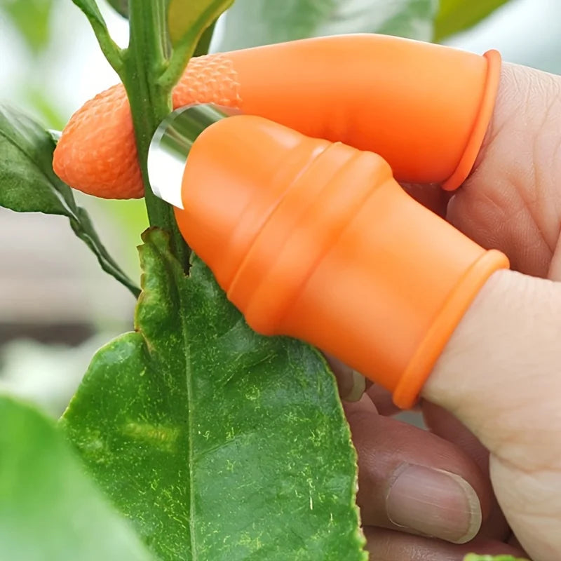 Orange silicone finger protector kitchen tool used for safe plant pruning with metal blade edge