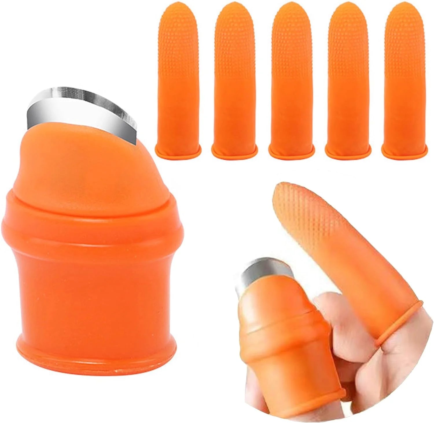 Orange silicone finger protector kitchen tool with sharp blade for safe peeling and cutting