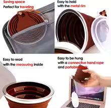 Clarify.pk silicone foldable cup for kids in brown, collapsible and portable with metal rim and measuring inside