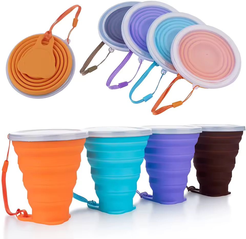 Clarify.pk silicone foldable cup for kids in orange, blue, purple, and brown with carrying straps and lids