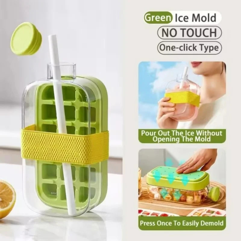 Green silicone ice cube tray with straw and no-touch one-click design for easy ice pouring