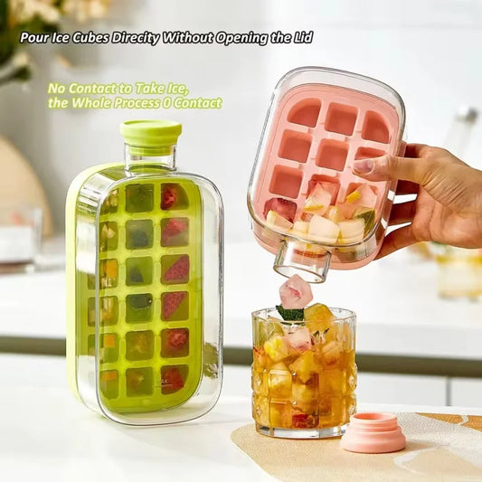 Clarify.pk silicone ice cube tray with straw pouring ice cubes directly into a glass for easy use