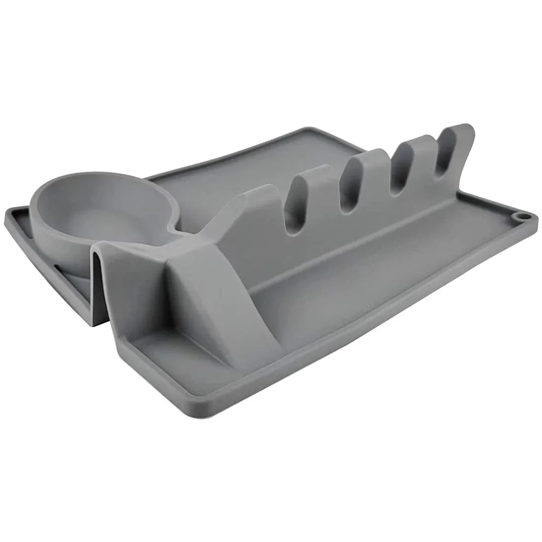 Gray silicone kitchen spoon holder with multiple slots and a small bowl for utensils