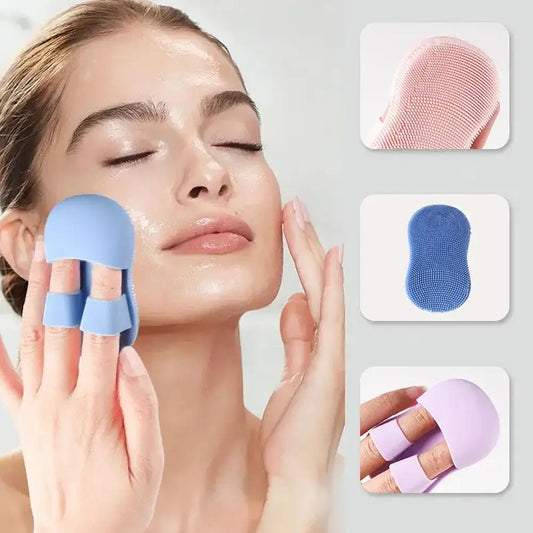 Clarify.pk silicone mini facial cleansing brush in blue, pink, and purple, designed for gentle skin exfoliation