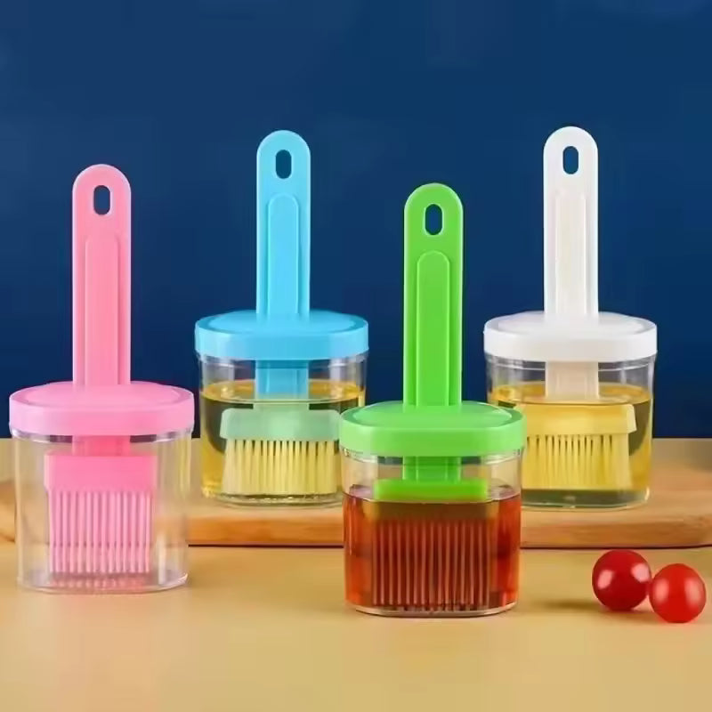 Colorful silicone oil brush for baking with container set in pink blue green and white for basting