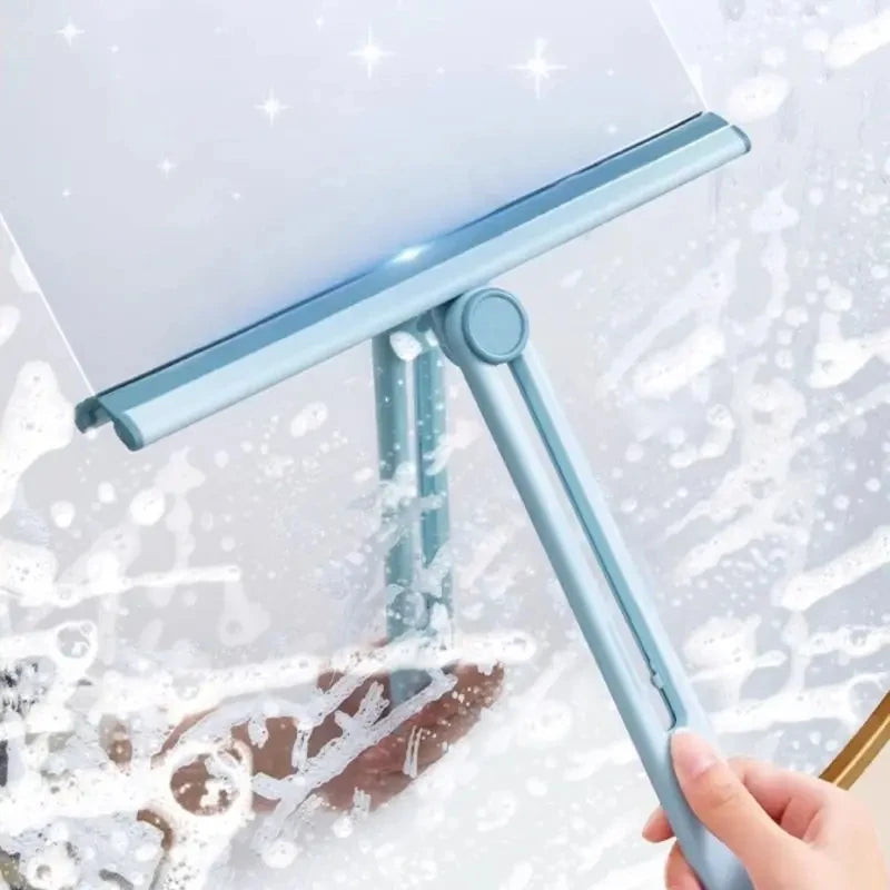 Blue silicone shower squeegee cleaning a soapy glass shower door with a smooth handle
