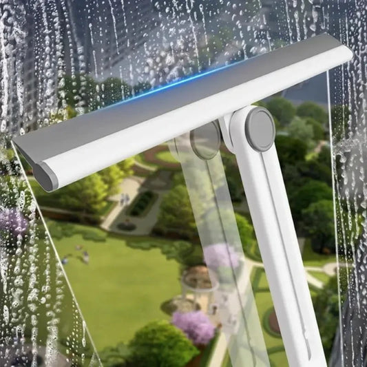 Clarify.pk silicone shower squeegee with white handle cleaning water droplets on glass window