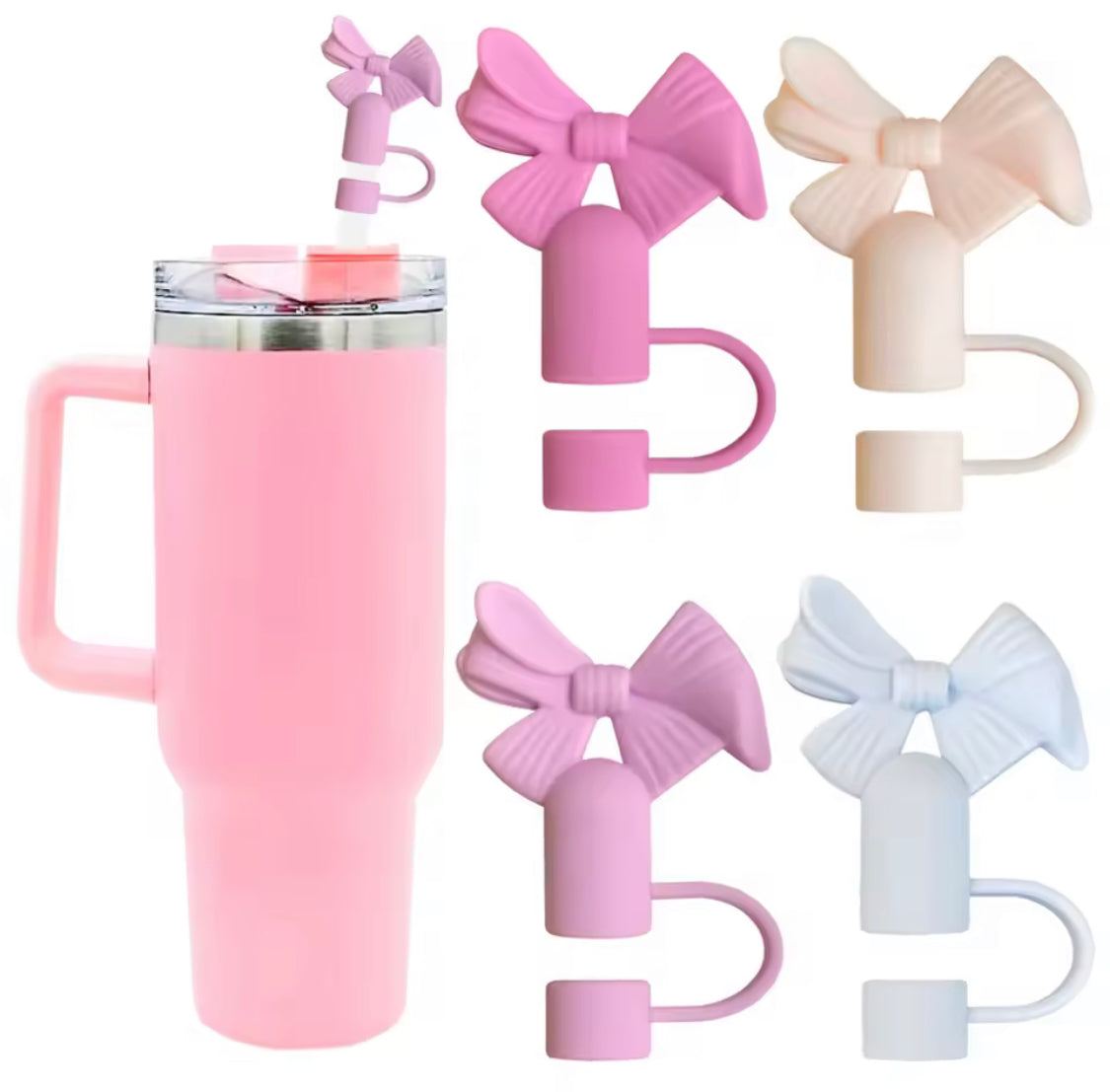 Colorful silicone straw toppers shaped like bows in pink, beige, purple, and white on a pink tumbler